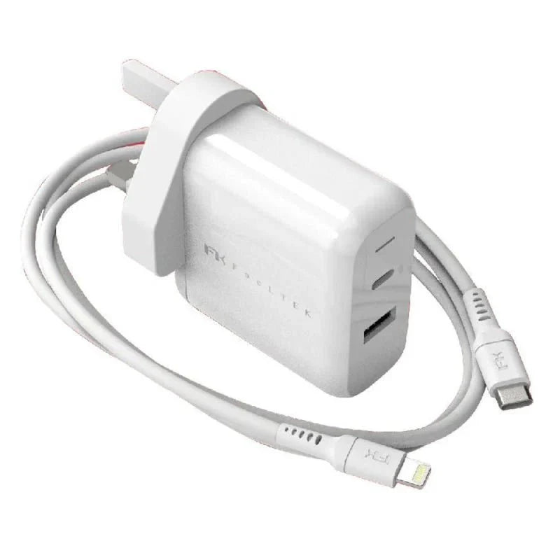 Feeltek Fast Charging Dual Pack - Elec PD UK Charger 30W + USB-C to Lightning Cable 180 cm / White