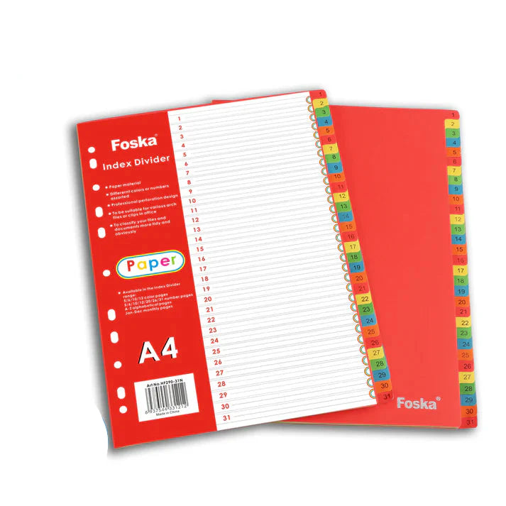 Foska Plastic Index Divider 1 to 31 Color With Number