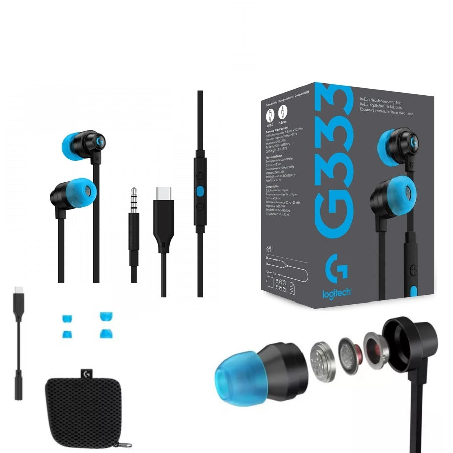 Logitech G333 Wired Gaming Earphones, 3.5 MM - Black