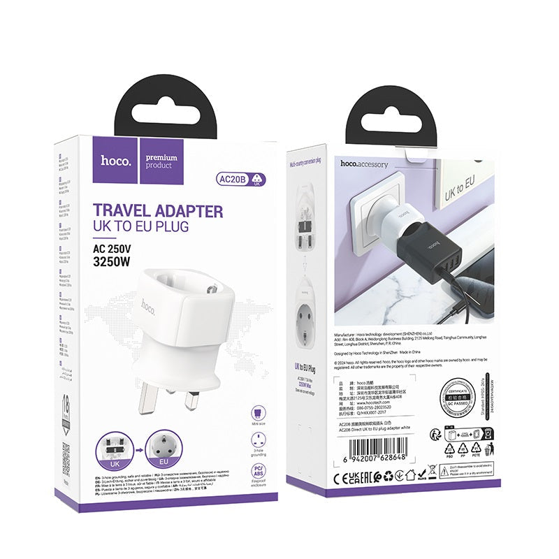 HOCO AC20B Direct UK to EU Plug Adapter