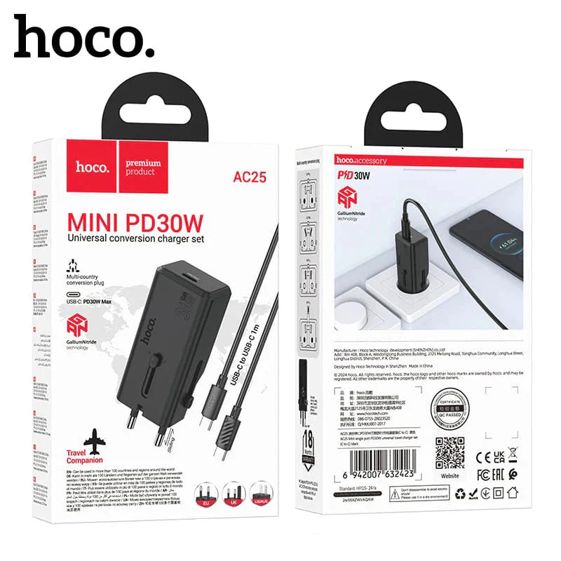HOCO AC25 Universal Portable Travel Plug with USB C to C Cable