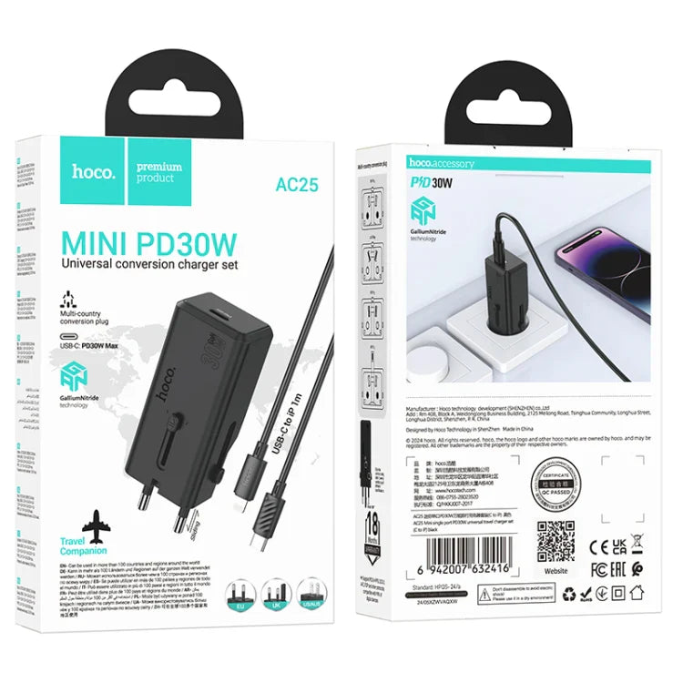HOCO AC25 Universal Portable Travel Plug with USB C to Iphone Cable