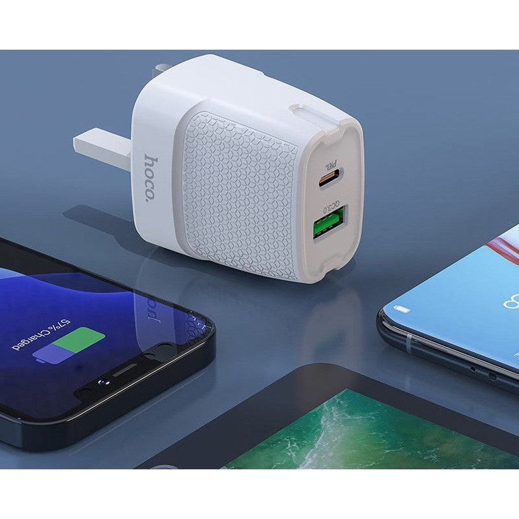 HOCO C85B Bright dual port PD20W+QC3.0 charger(UK) - White