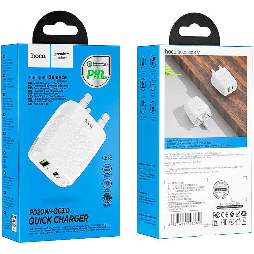 HOCO C85B Bright dual port PD20W+QC3.0 charger(UK) - White