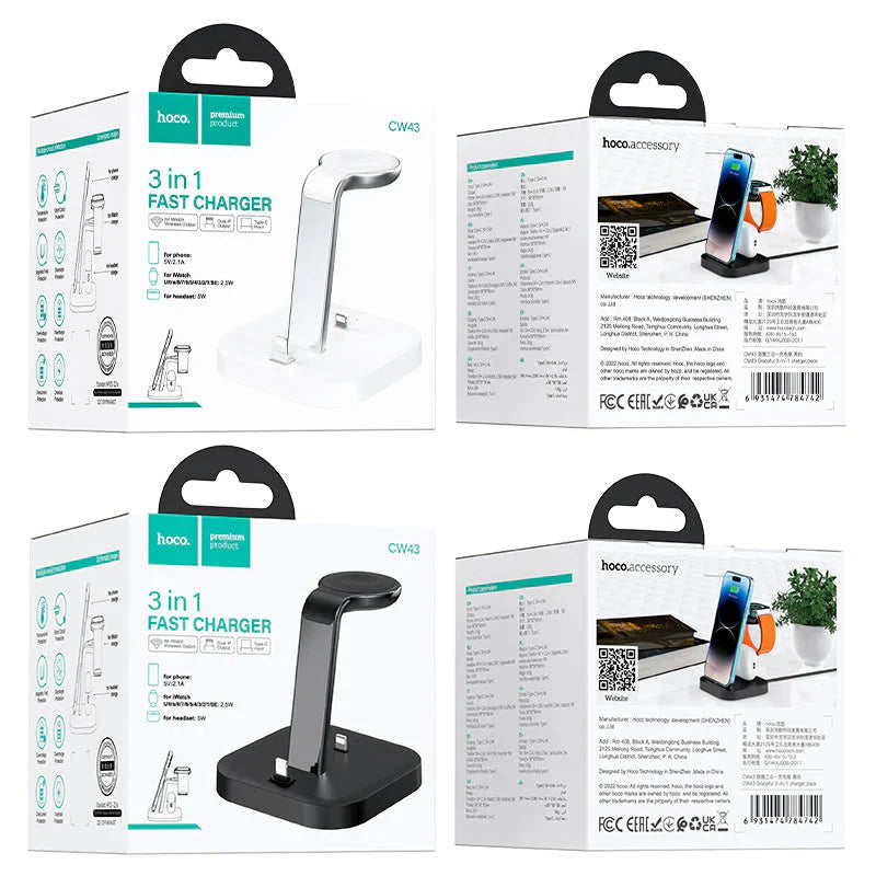 HOCO CW43 3-in -1 Desktop Dock Station 5V 2.1A Charger For iPhone 14 13 Pro Max Wireless Charger Stand For iWatch 8 7 SE 2 Ultra