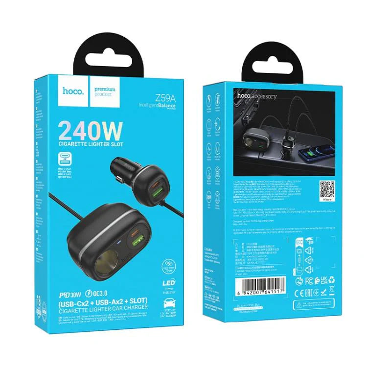 HOCO Dual PD30W + Dual QC3.0 Car Charger – 4-Port Cigarette Lighter Power Adapter