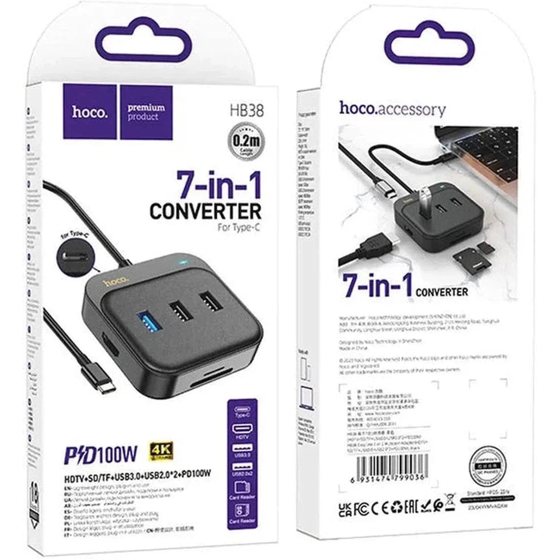 HOCO HB38 Easy link 7-in-1 Multiport Adapter(HDTV+SD/TF+USB3.0+USB2.0*2+PD100W)