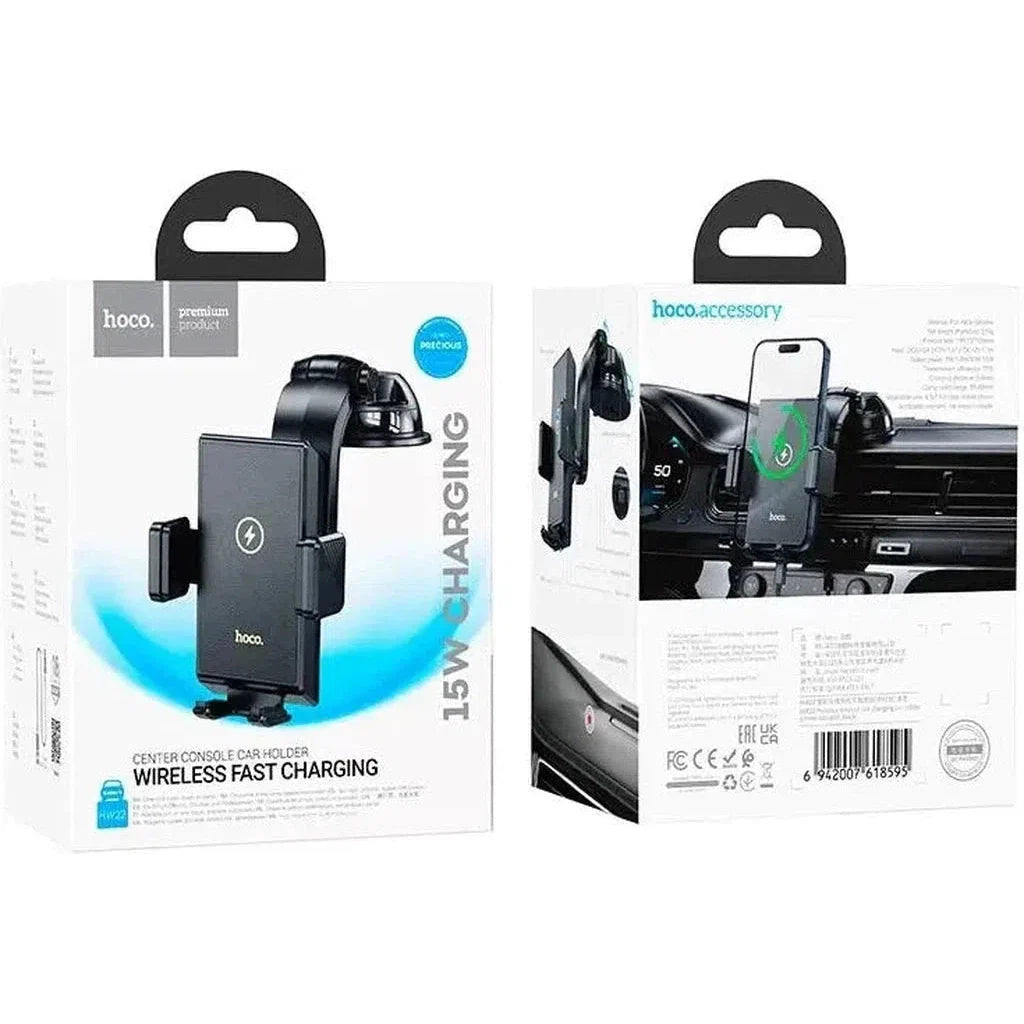 HOCO HW22 Precious wireless fast charging car holder(center console) - Black