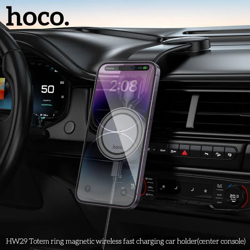 HOCO HW29 Totem Ring Magnetic Wireless Car Charger – Fast Charging Console Mount