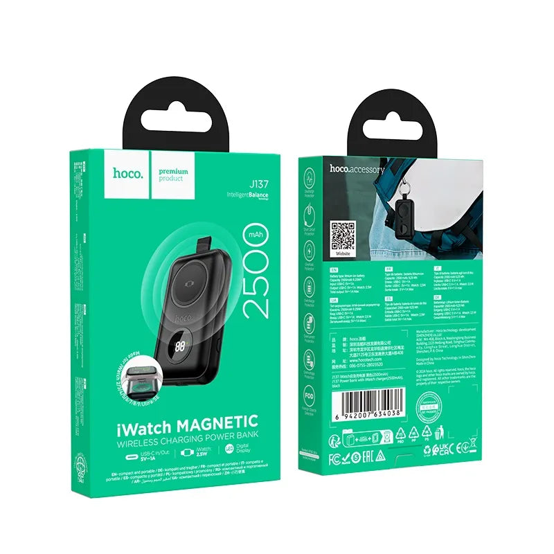 HOCO J137 2500mAh Mini Pocket Power bank for Apple Smart Watch Charger – Black