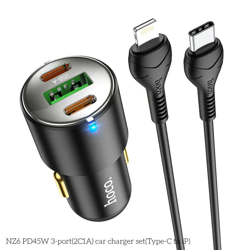 HOCO NZ6 Car Charger - 45W / USB-C / Lightning / Black