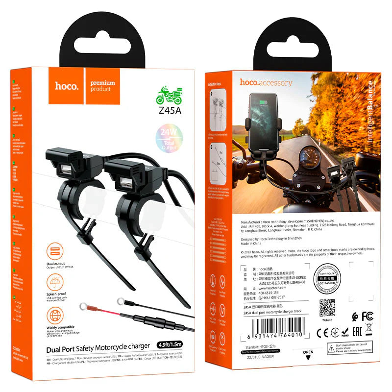 HOCO Z45A Motorcycle USB Charger – Dual Port 36W Waterproof