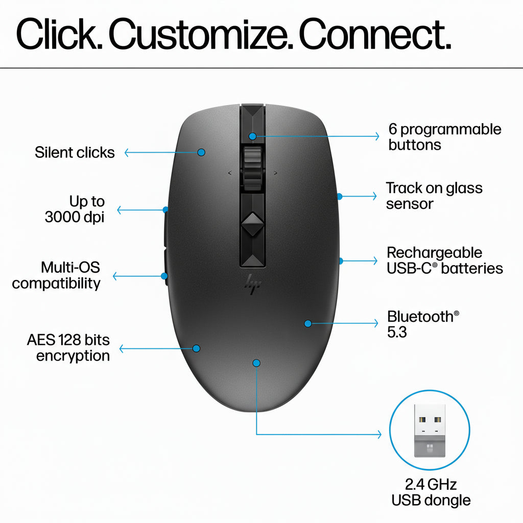 HP 710 Rechargeable Silent Wireless Mouse - Up to 3000 DPI / Graphite