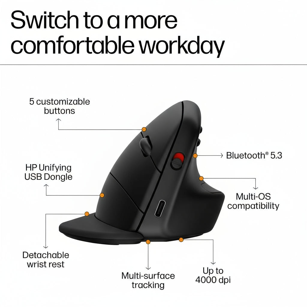 HP 920 Ergonomic Vertical Wireless Mouse - Up to 4000 DPI / Black