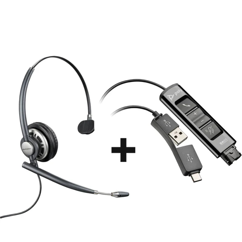 HP Poly EncorePro HW710 Single Ear Headset + HP Poly DA85 USB to QD Black Adapter