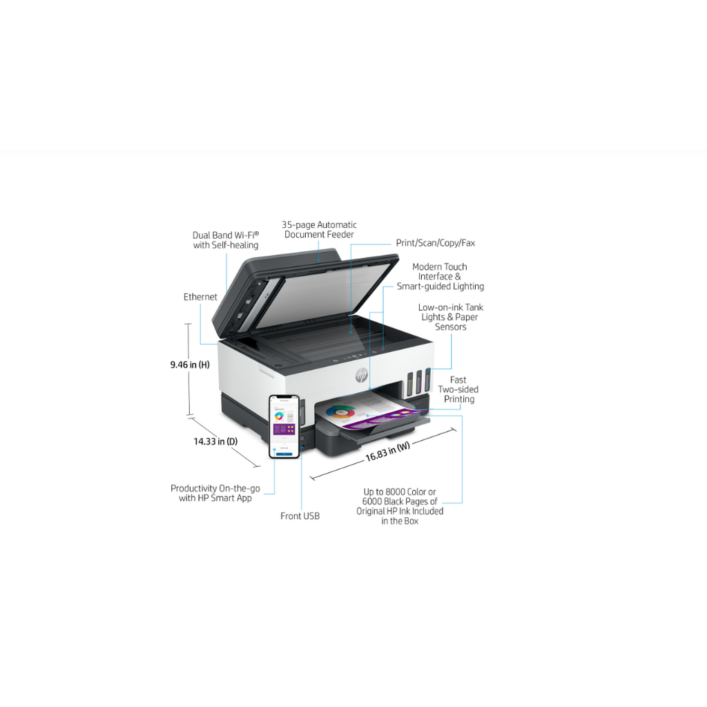 HP Smart Tank 790 AIO - 15ppm / 4800dpi / A4 / USB / LAN / Wi-Fi / FAX / Bluetooth / Color Inkjet - Printer