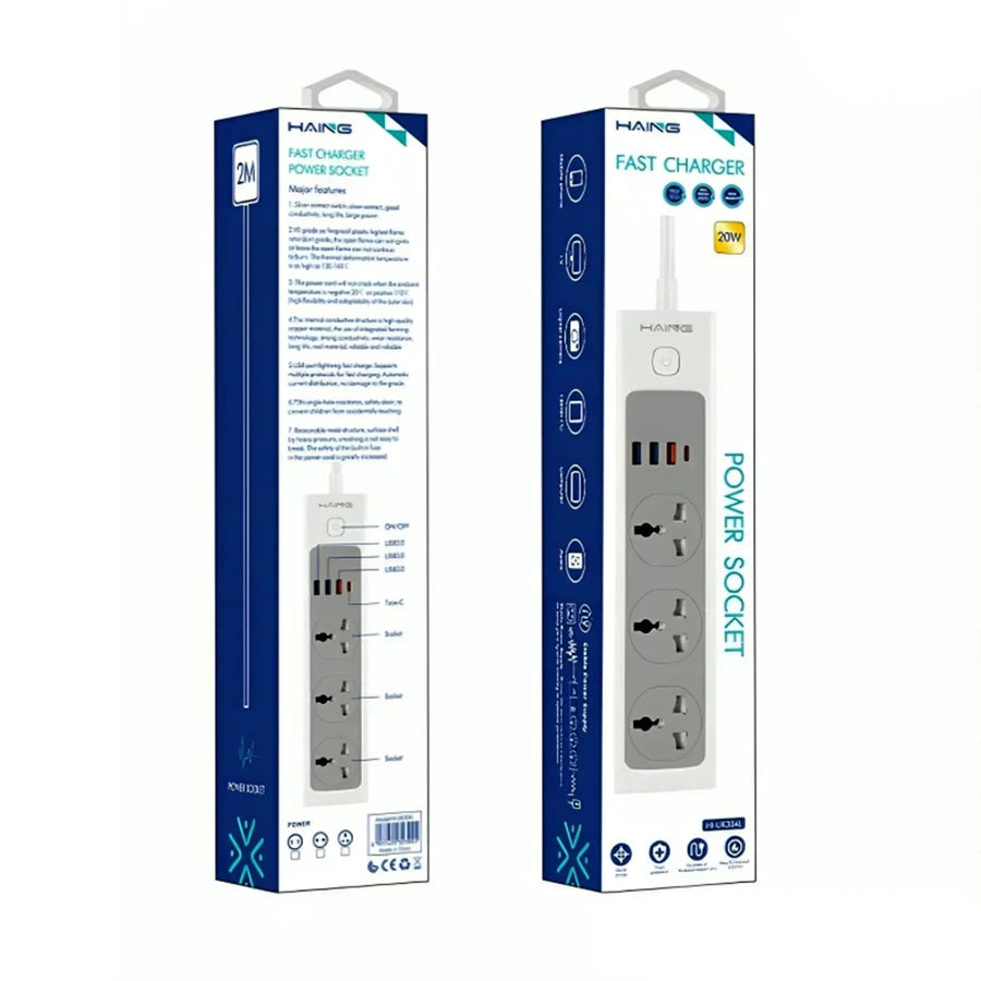 Haing 20W Fast Charger Power Extension with 2m Cable & Safety Shutters UK Sockets