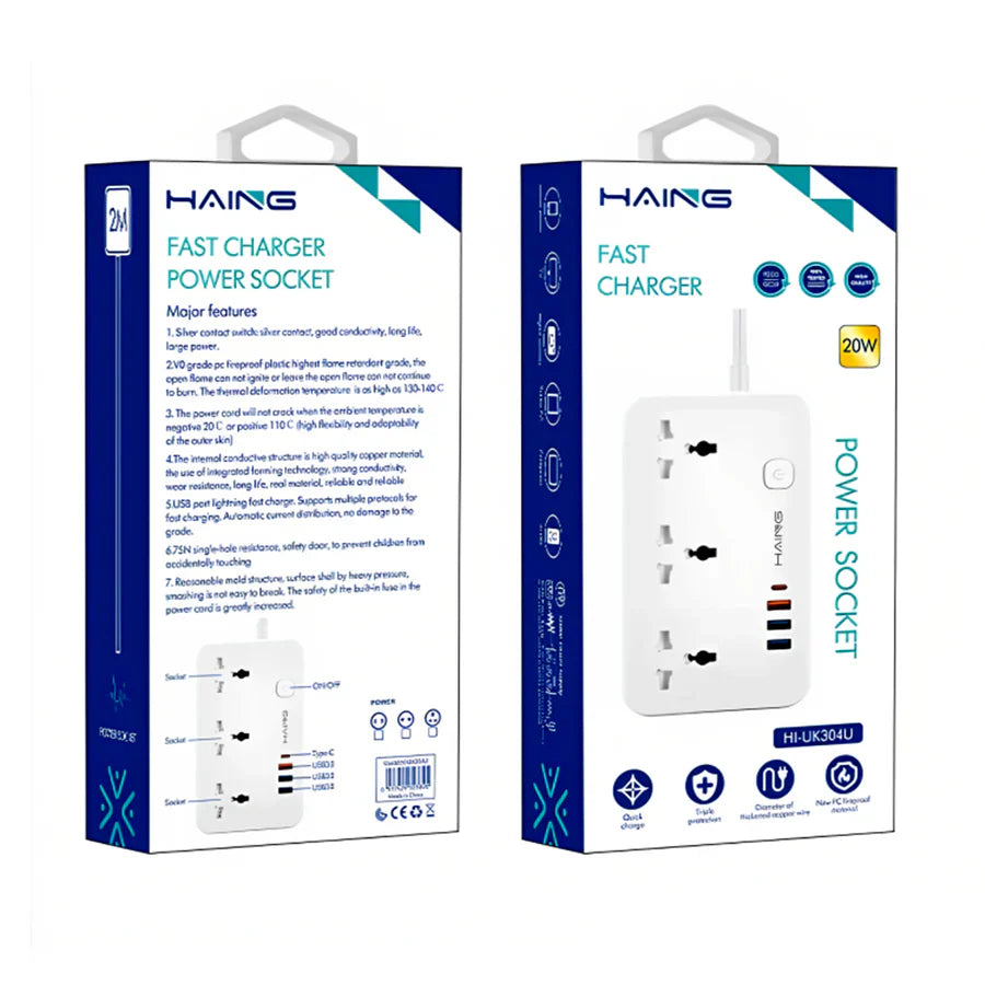 Haing 20W Fast Charger Power Extension with 2m Cable UK Sockets