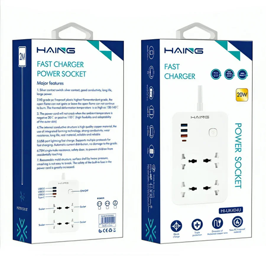 Haing 20W Fast Charger Power Extension with 2m Cable UK Sockets