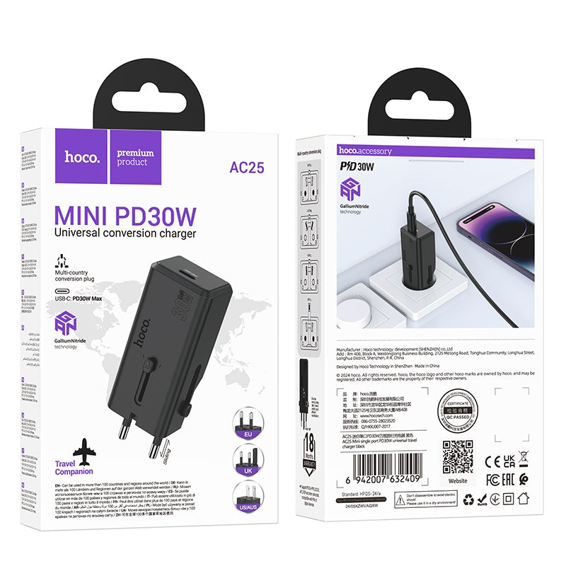 Hoco AC25 Mini Single Port PD30W Universal Travel Charger – Black