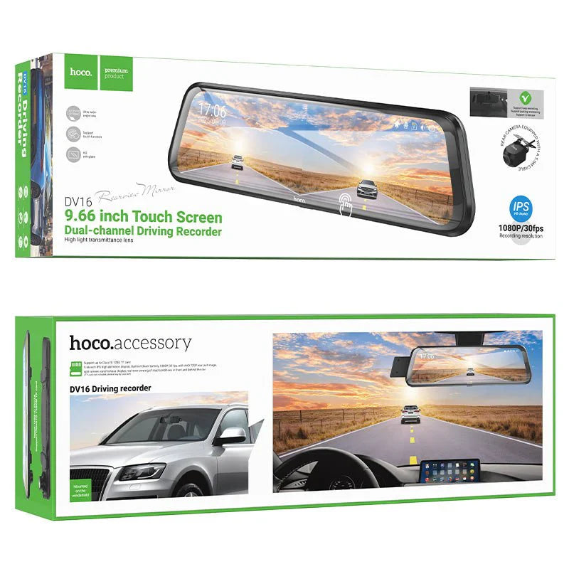 Hoco DV16 Mirror Dual Channel Dash Cam 9.66 Touch Display Front + Rear Recording