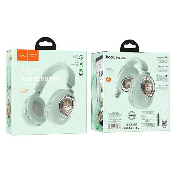 Hoco ESD11 Cute Luminous Bluetooth Headphones - Stylish Sound with LED Lights Green