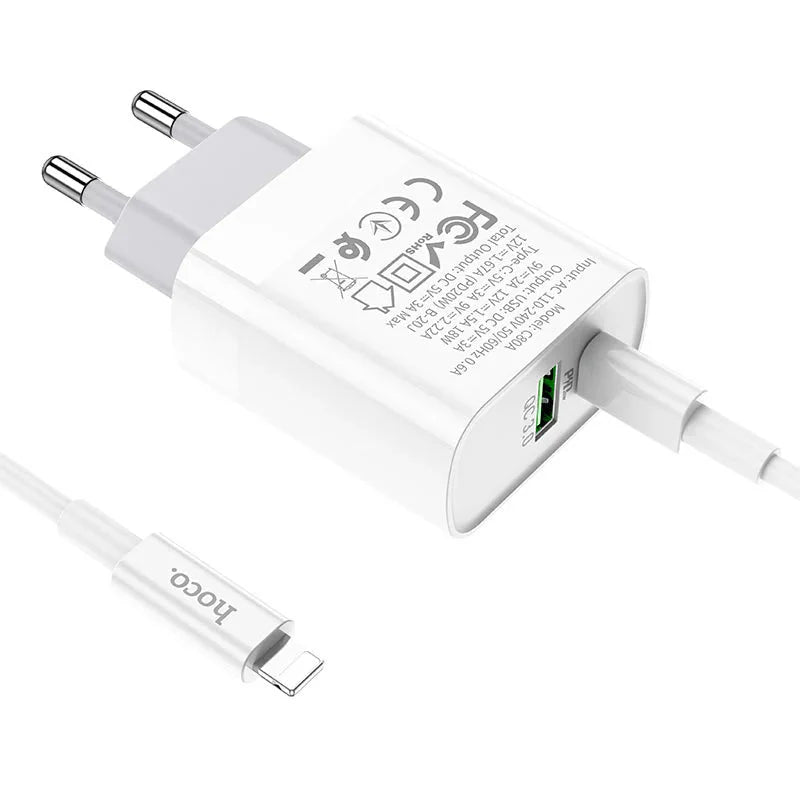 Hoco Fast Charger Set with Cable - 20W / Type-C / Lightning / White