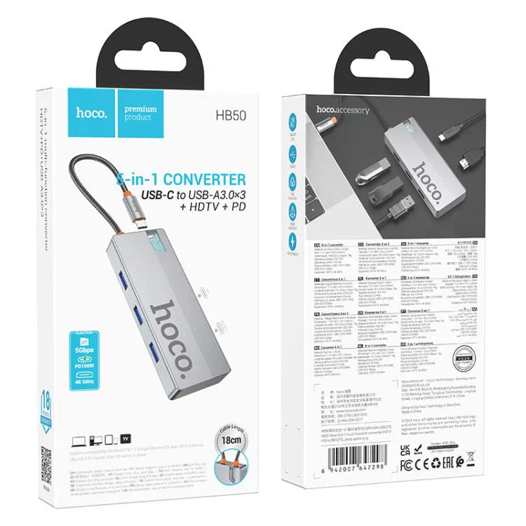 Hoco HB50 5-in-1 Type-C Multiport Converter – USB-C to HDMI, PD, 3x USB 3.0 Adapter
