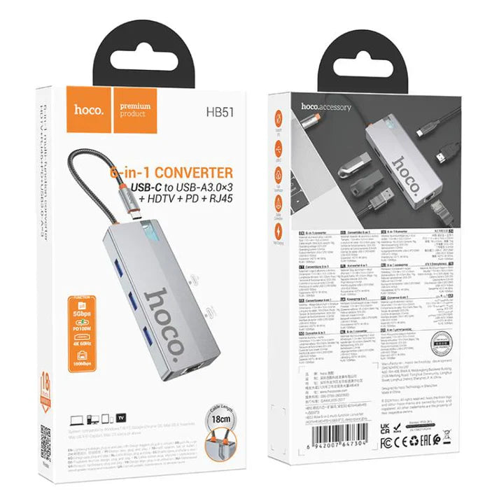 Hoco HB51 6-in-1 Type-C Multiport Converter – HDMI, RJ45, PD & 3x USB 3.0 Hub