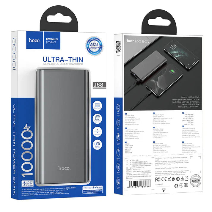 Hoco J68 Resourceful 10000mAh Power Bank – Dual Output | Compact - Grey