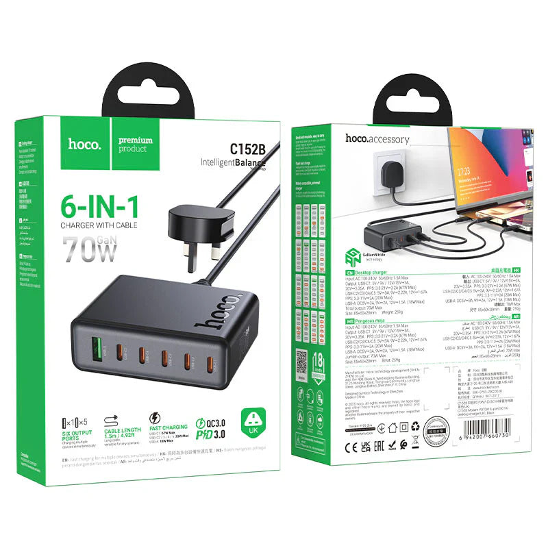Hoco Modern Charging Station – 70W PD Fast Charge Hub with USB-C & Dual USB-A (UK Plug)