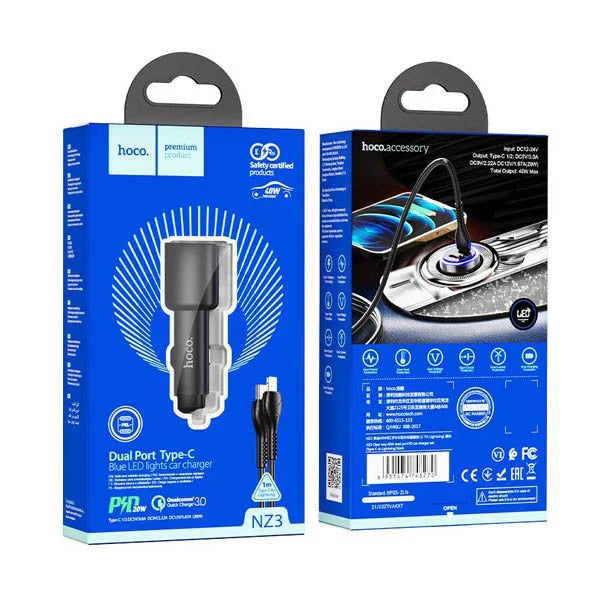 Hoco NZ3 LED Light Car Charger - Type-C / Lightning / Black