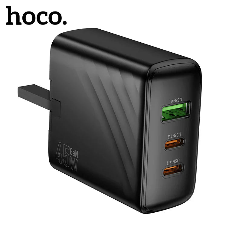 Hoco PD45W 3-Port Wall Charger (UK Plug) – 2x USB-C + 1x USB-A