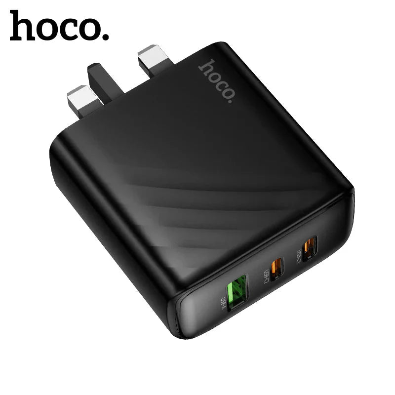 Hoco PD45W 3-Port Wall Charger (UK Plug) – 2x USB-C + 1x USB-A