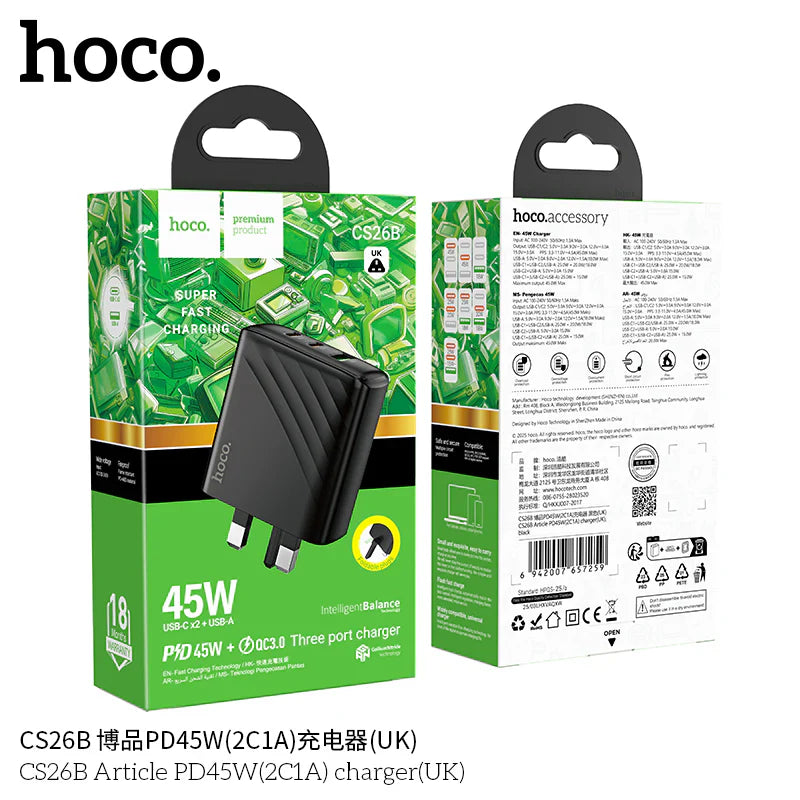 Hoco PD45W 3-Port Wall Charger (UK Plug) – 2x USB-C + 1x USB-A