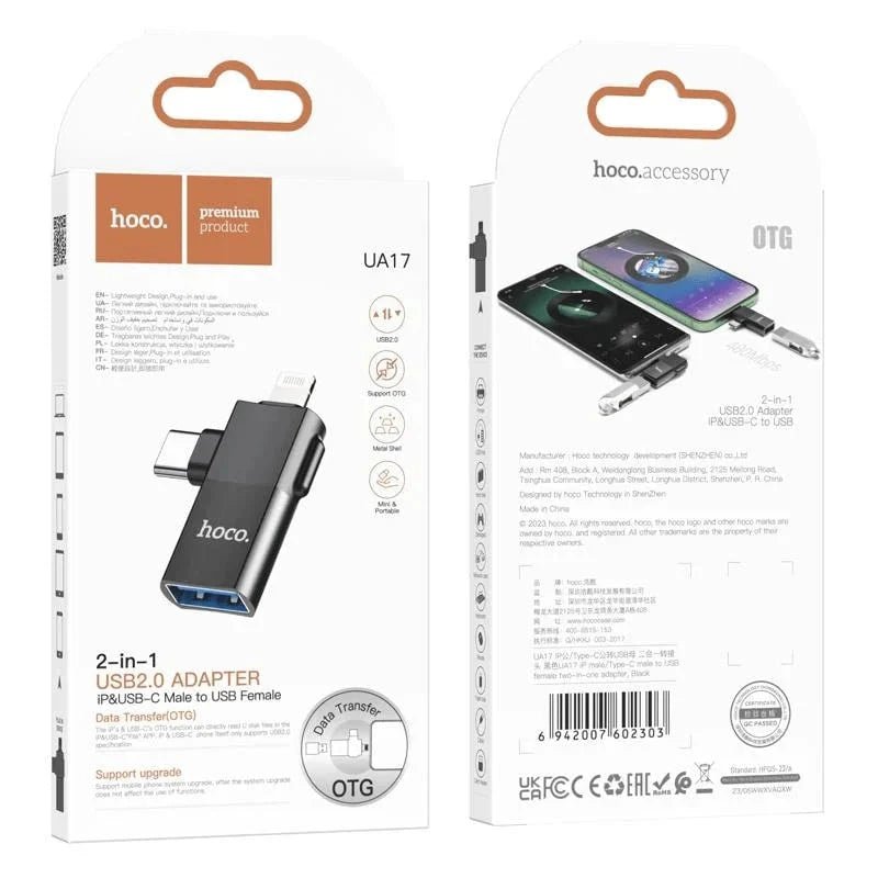 Hoco UA17 Lightning male/Type-C male to USB female two-in-one adapter