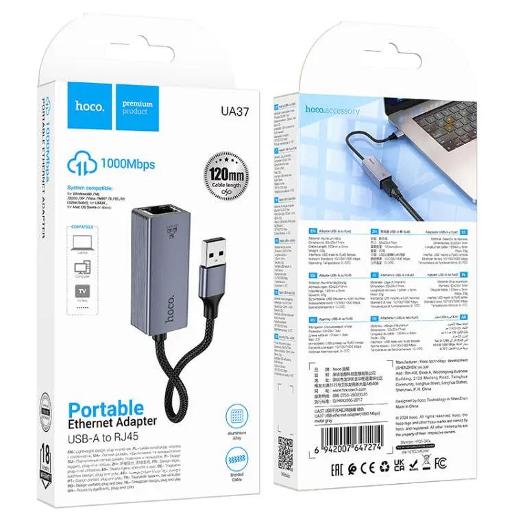 Hoco UA37 USB-A to RJ45 Ethernet Adapter – 1000Mbps High-Speed LAN Converter