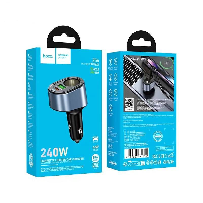 Hoco Z56 35 Watt USB-C Car Charger with Dual Port & Cigarette Lighter - 240W
