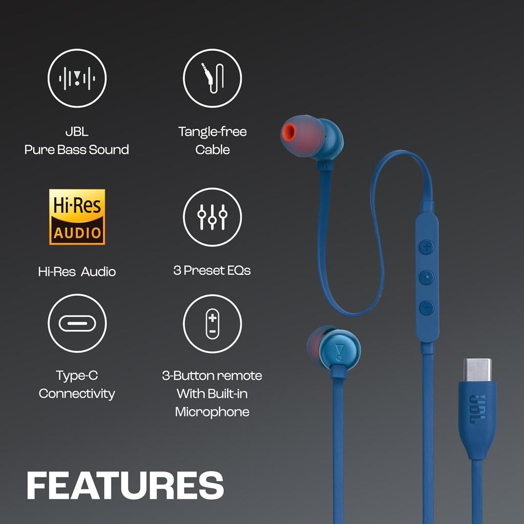 JBL Tune 310C USB-C Headphones - In-ear / Wired / Blue