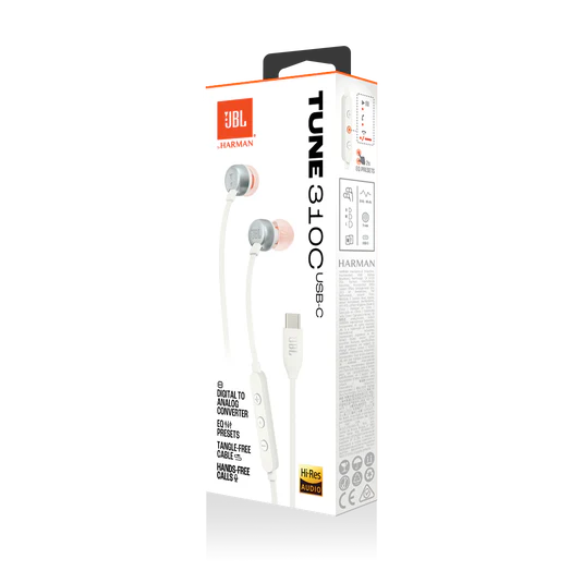 JBL Tune 310C USB-C Headphones - In-ear / Wired / White