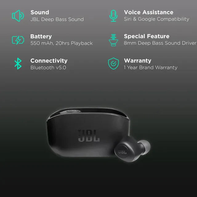 JBL Wave 100TWS True Wireless Earbuds - In-Ear / Wireless / Black