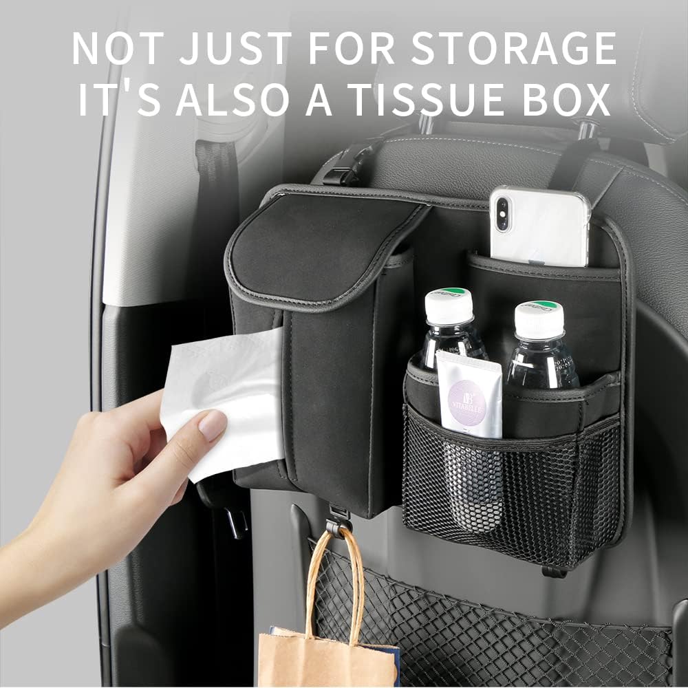 JEYODA Car Seat Back Organizer Large Capacity Car Seat Back Storage Bag with Hook Suede Car Tissue Box (Grey)