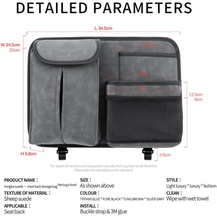 JEYODA Car Seat Back Organizer Large Capacity Car Seat Back Storage Bag with Hook Suede Car Tissue Box (Grey)