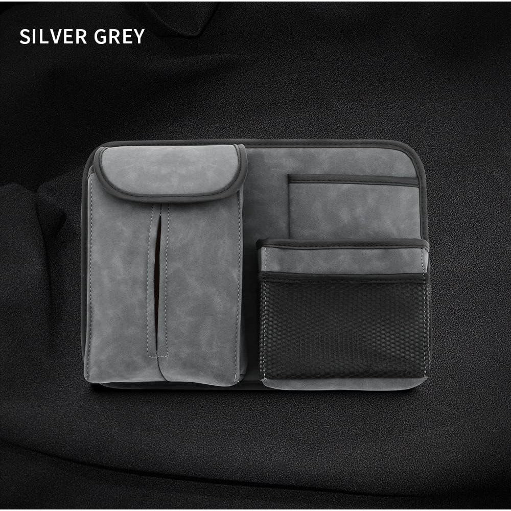 JEYODA Car Seat Back Organizer Large Capacity Car Seat Back Storage Bag with Hook Suede Car Tissue Box (Grey)