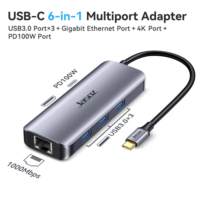 Jasoz H111 USB Type-C To HDMI RJ45 USB3.0 Hub PD100W 6in1 Multi-port Convertor Adapter