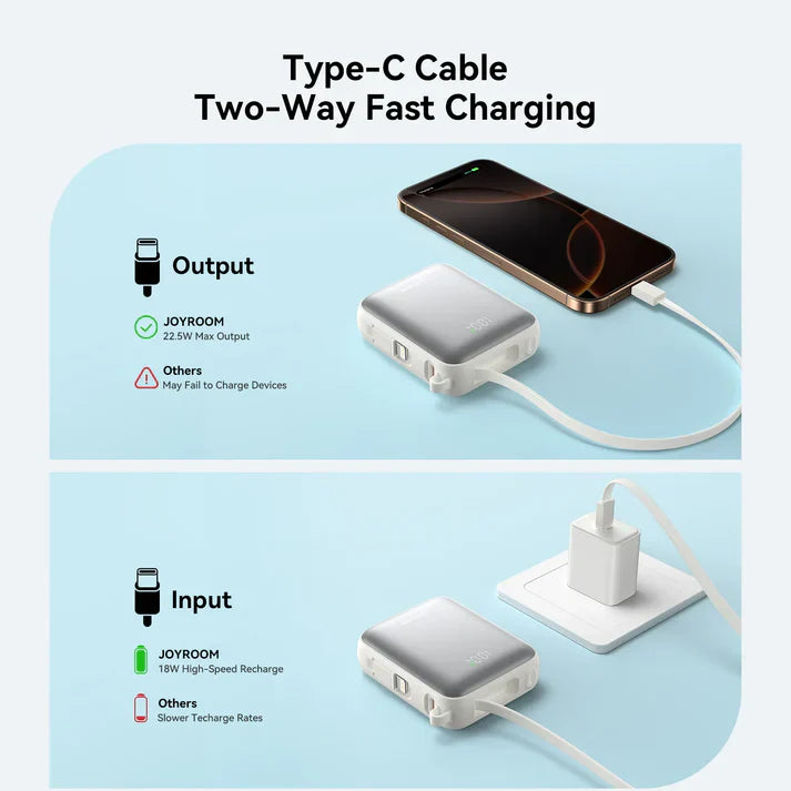 Joyroom 10000mAh Mini Power Bank – 22.5W Fast Charging, Built-in Dual Cables - Blue
