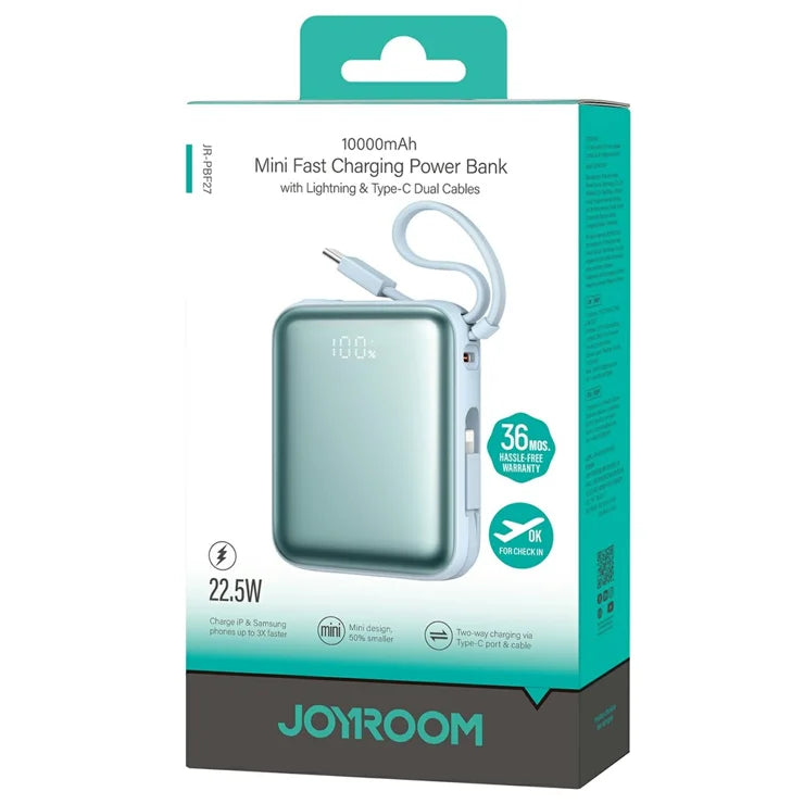 Joyroom 10000mAh Mini Power Bank – 22.5W Fast Charging, Built-in Dual Cables - Blue