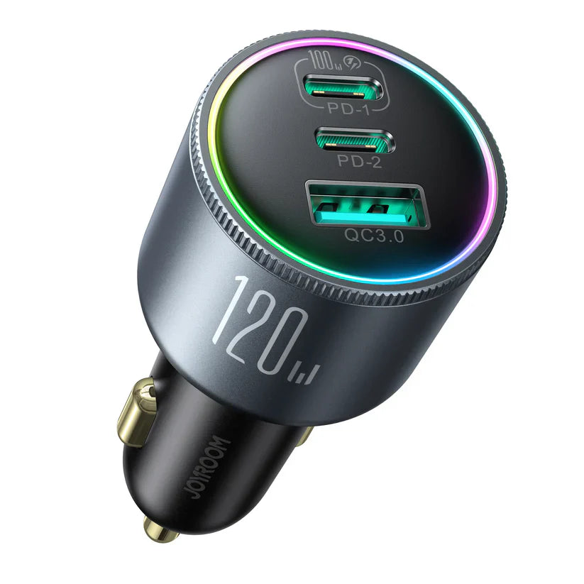 Joyroom 120W Triple Port Car Charger – 2PD + QC3.0 – Dark Gray