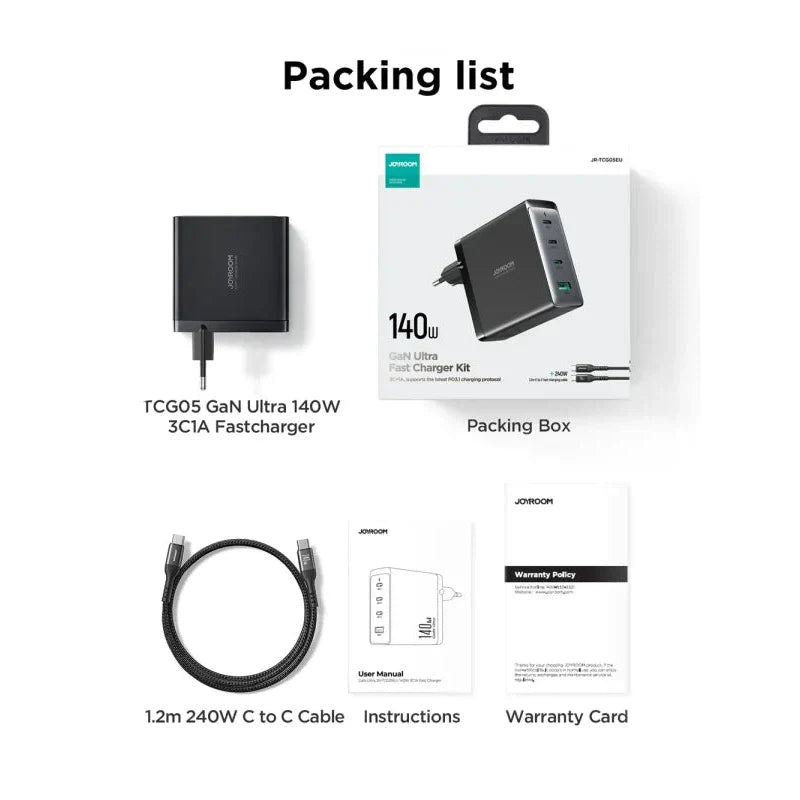 Joyroom 140W 3C1A Fast Charger-Black+240W C to C Cable 1.2m GaN Ultra