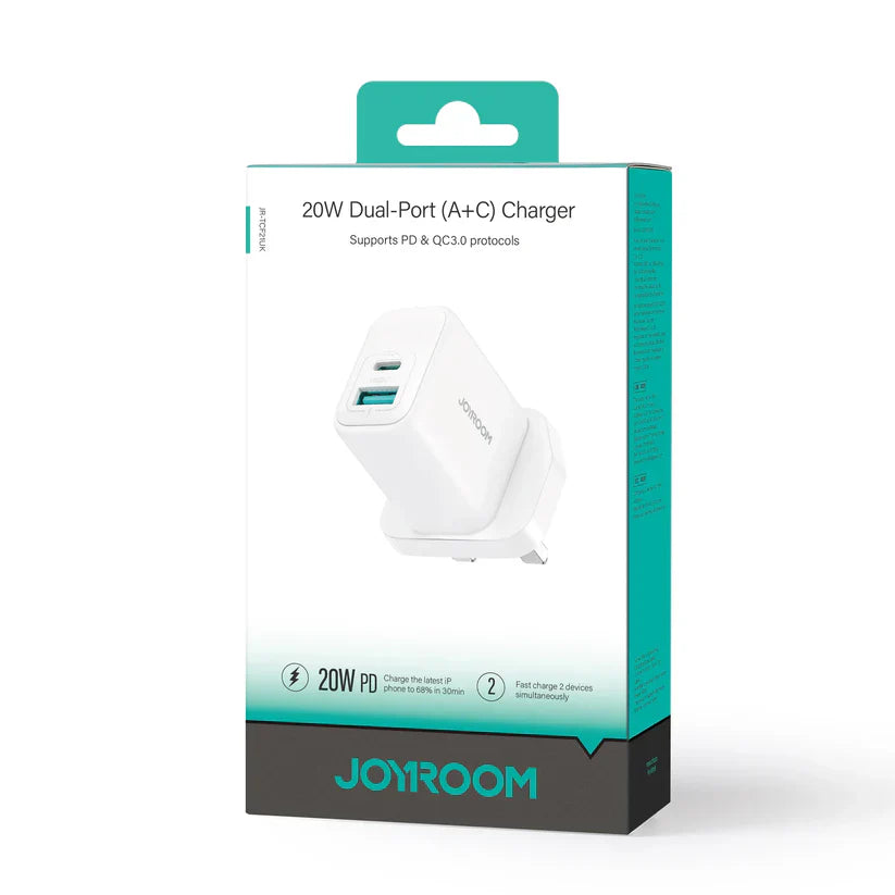 Joyroom 20W Dual-Port Fast Charger (USB-A + USB-C) – UK Plug, White